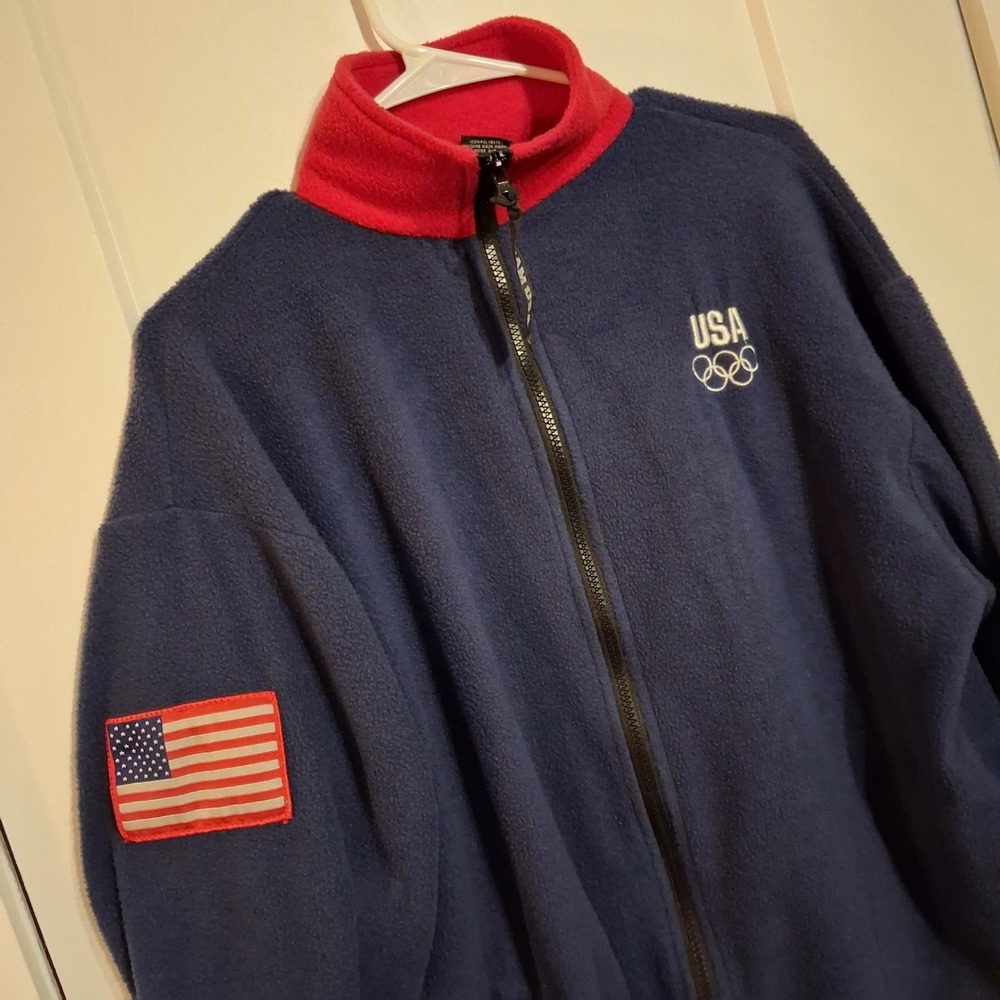 Team USA Fleece Jacket M Blue Red Olympic Flag Patch Full Zip Sporty Outerwear
